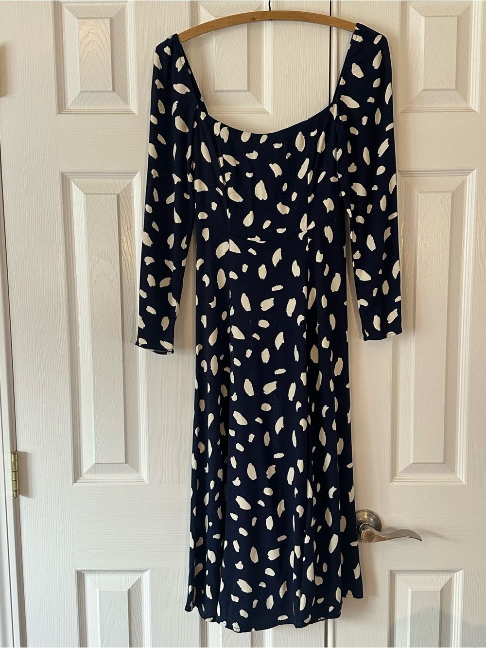 Reformation Sigmund Navy Midi Dress with White Splatter Print